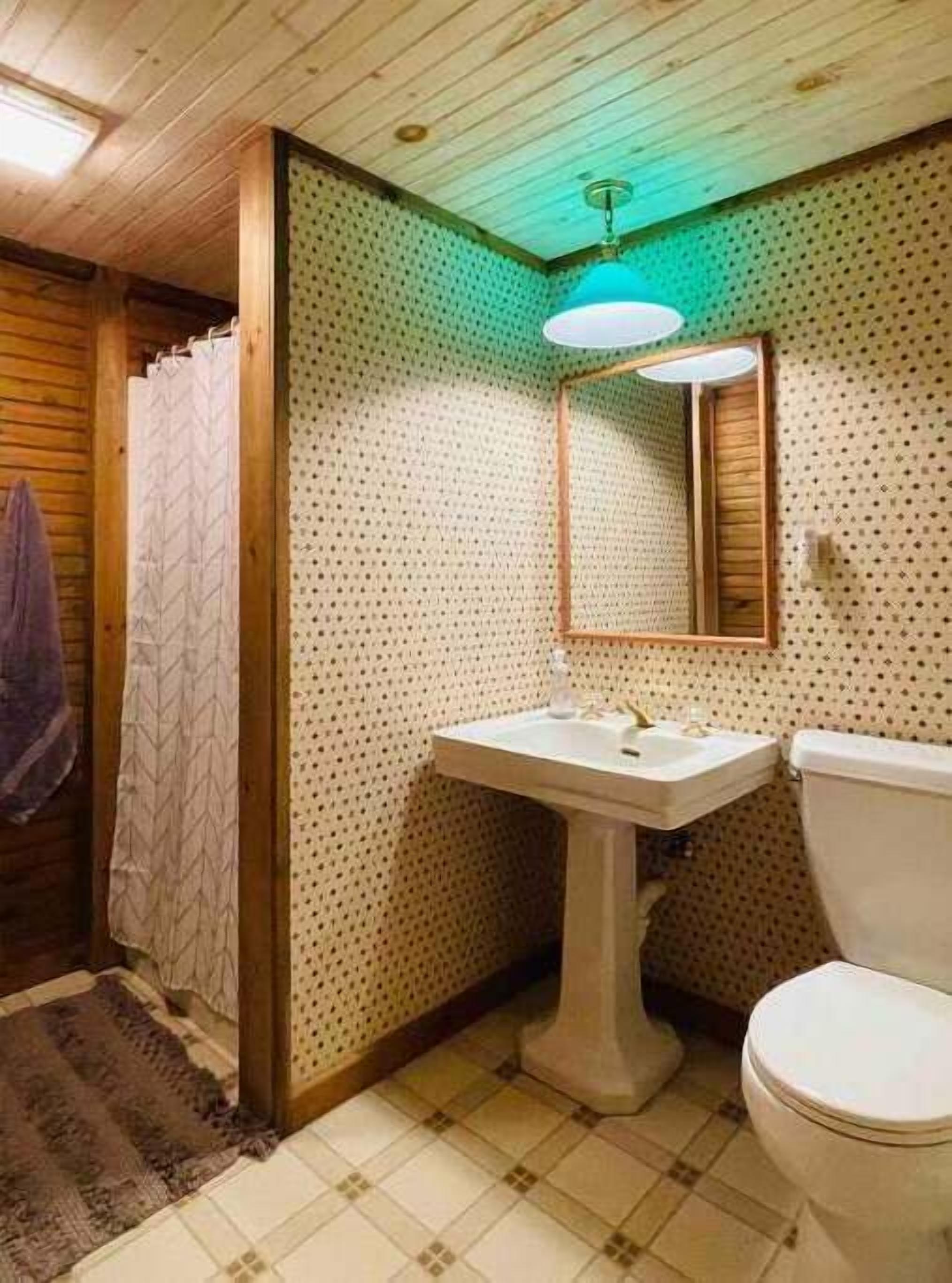 A bathroom with a wooden ceiling, a patterned wall, a sink, and a toilet.