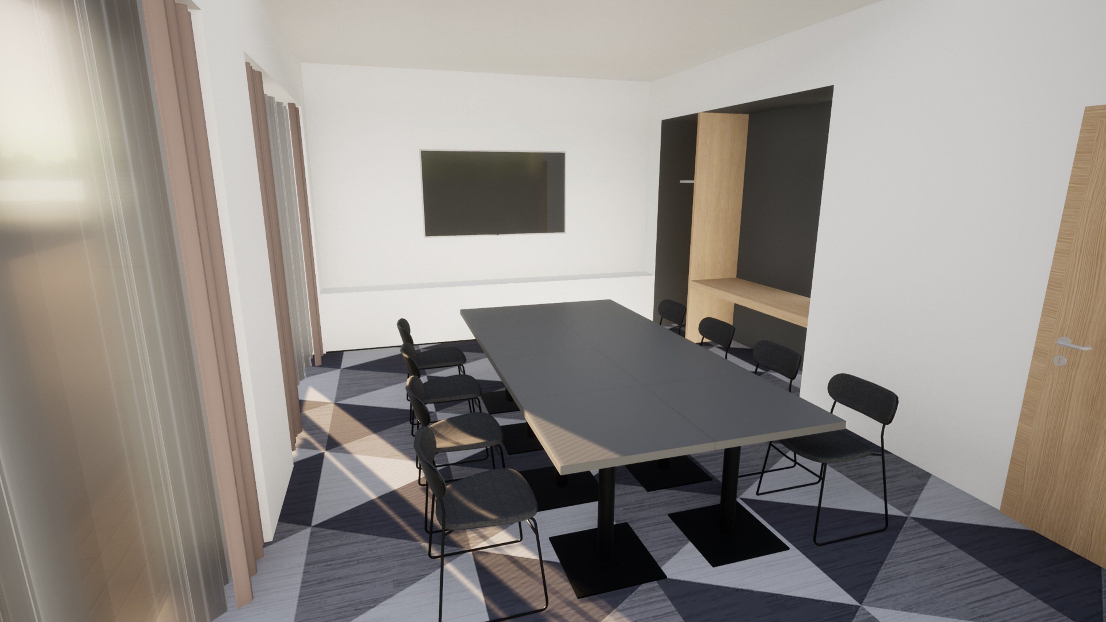 Ein Konferenzraum mit einem langen Tisch, sechs Stühlen, einem großen Fenster und einer Tafel an der Wand.