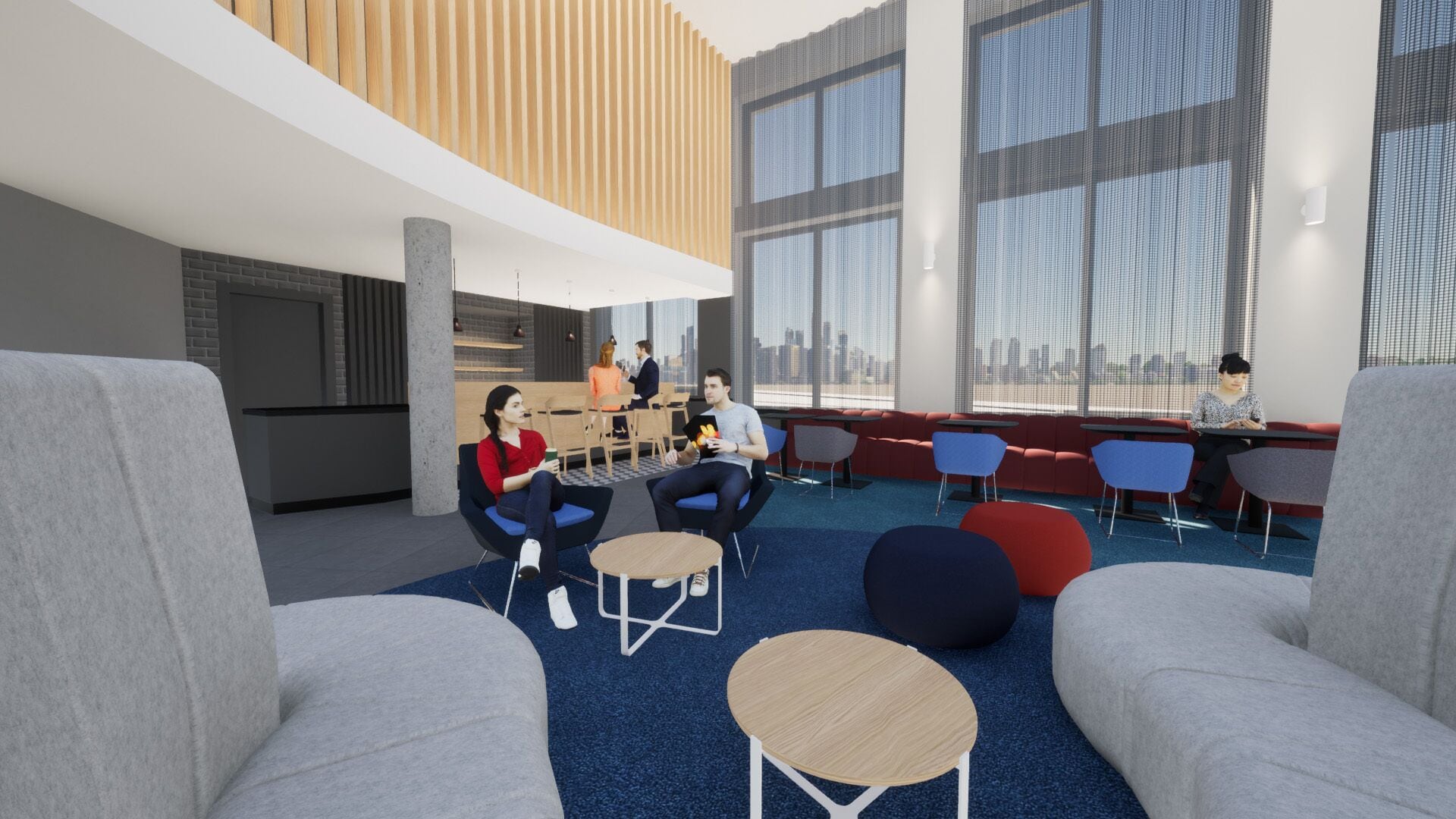 A modern lounge area with seating arrangements, a coffee table, and a city view through large windows.