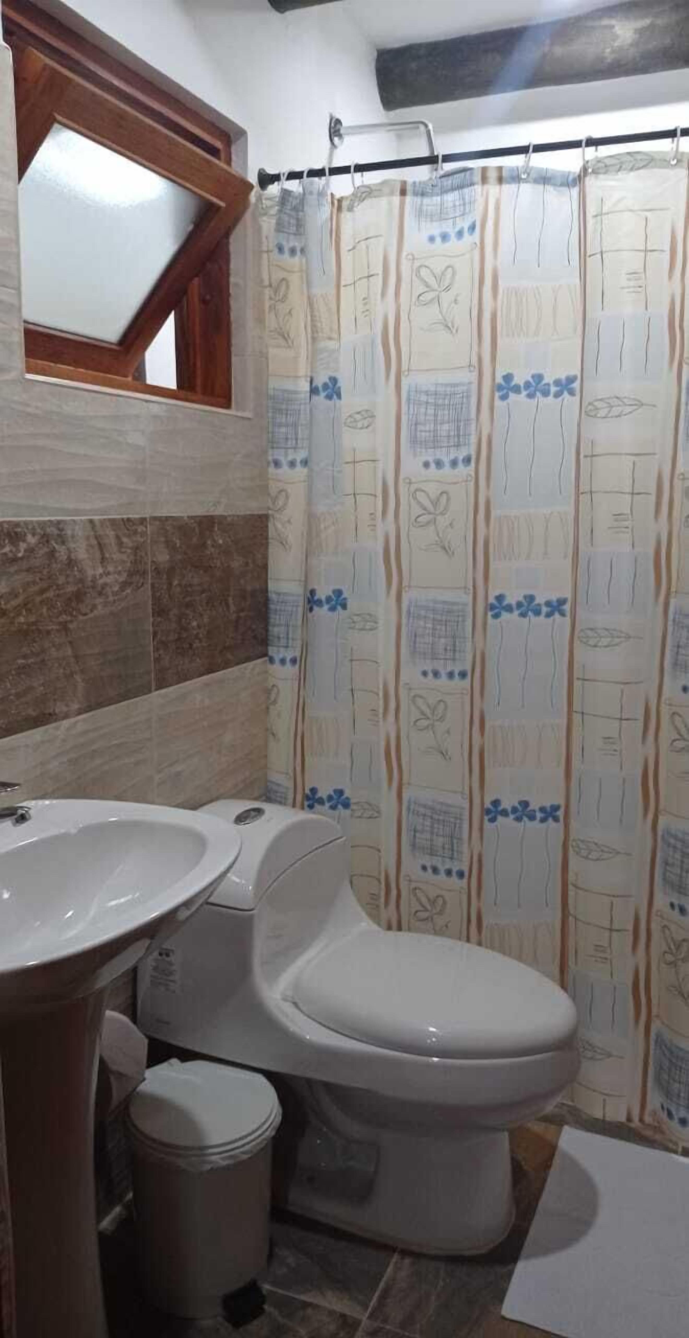 A bathroom with a sink, toilet, and shower curtain.