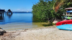 Una playa con barcos amarrados en un muelle, agua cristalina y una orilla arenosa.