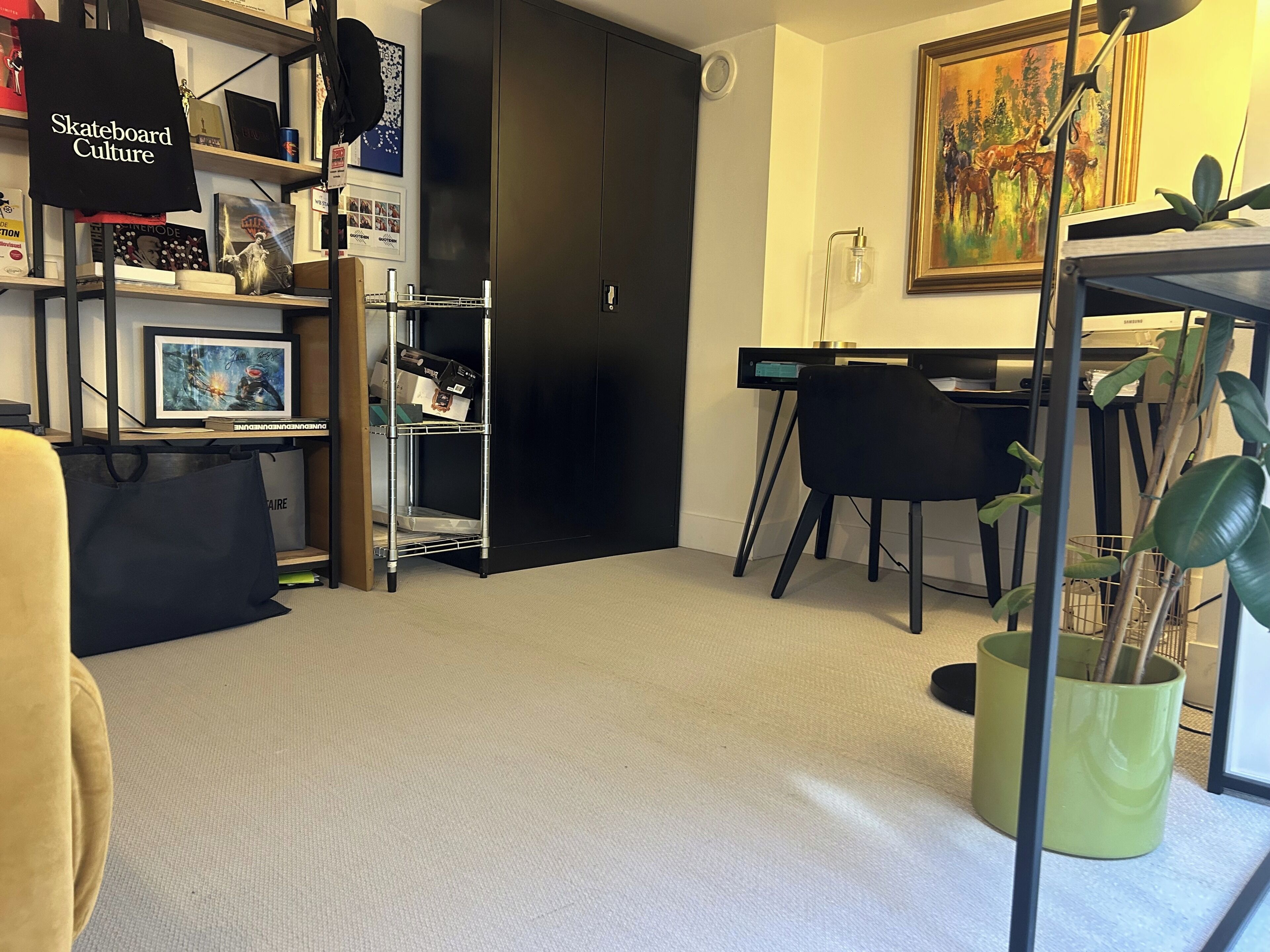 Een kamer met een bureau, stoel, planken met boeken en een tote bag met skate-thema, een schilderij aan de muur, en een plant in een groene pot.