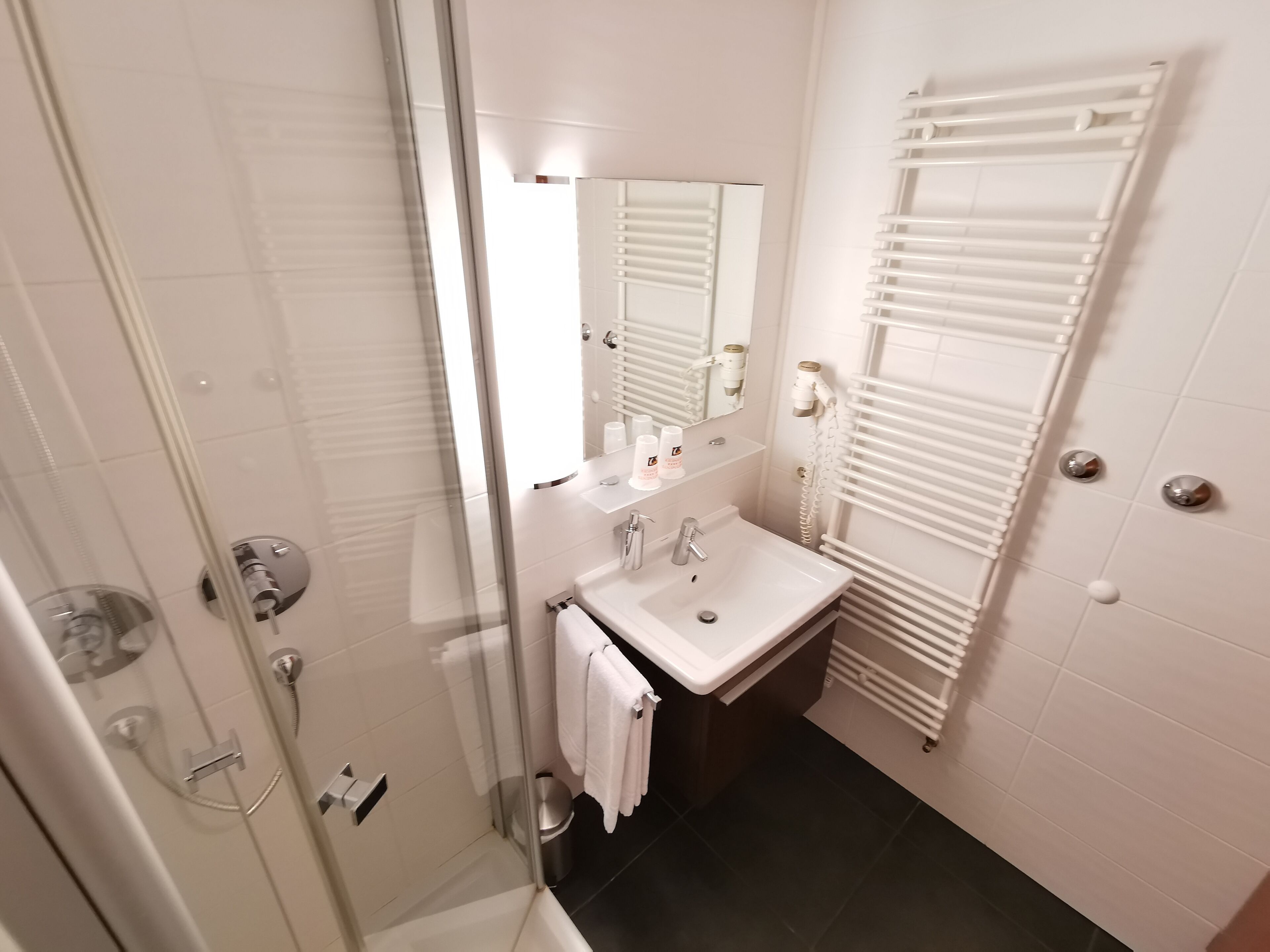 A modern bathroom with a glass-enclosed shower, a white sink, and a towel rack.