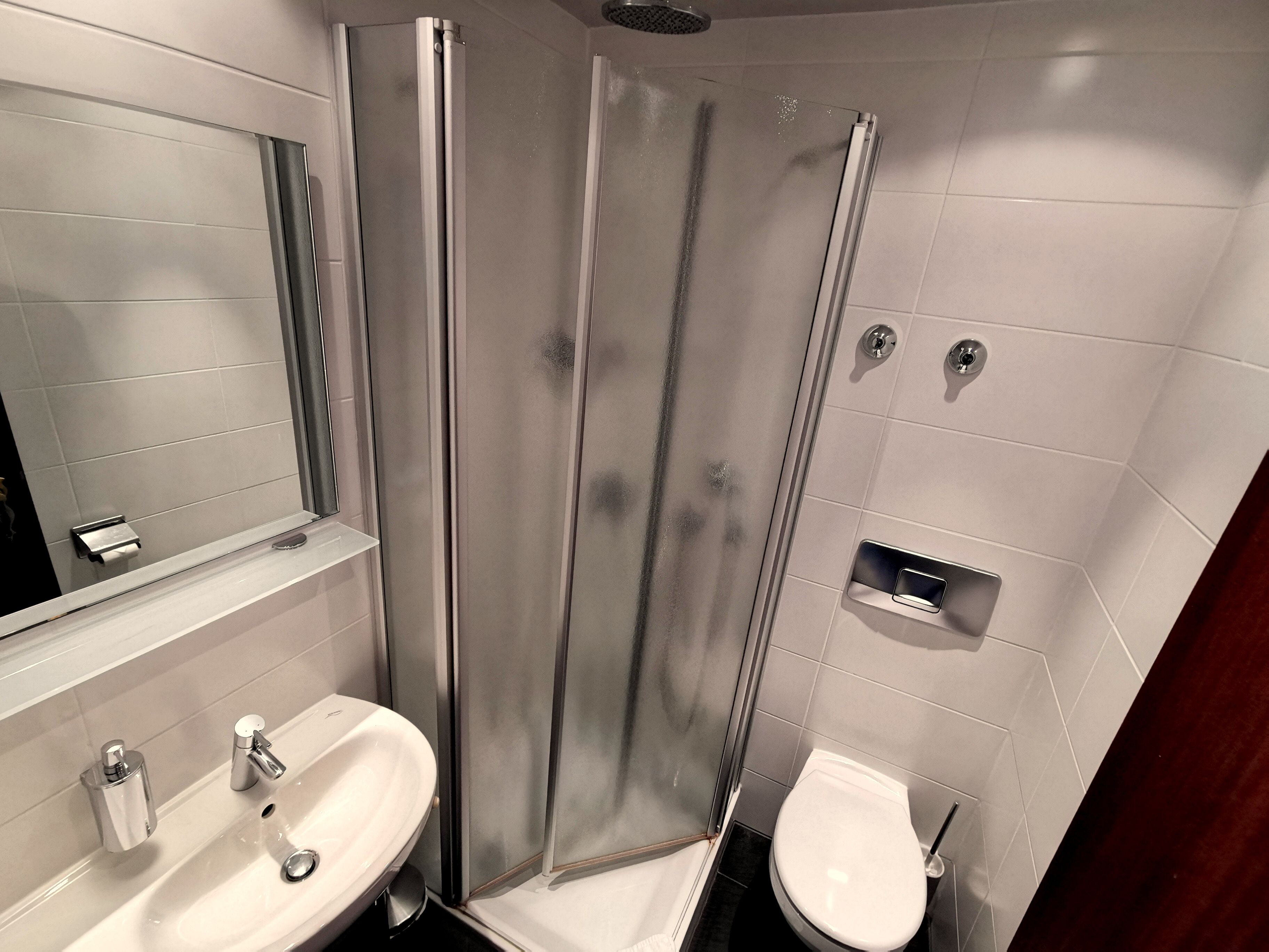 A modern bathroom with a glass-enclosed shower, a sink with a mirror, and a toilet.