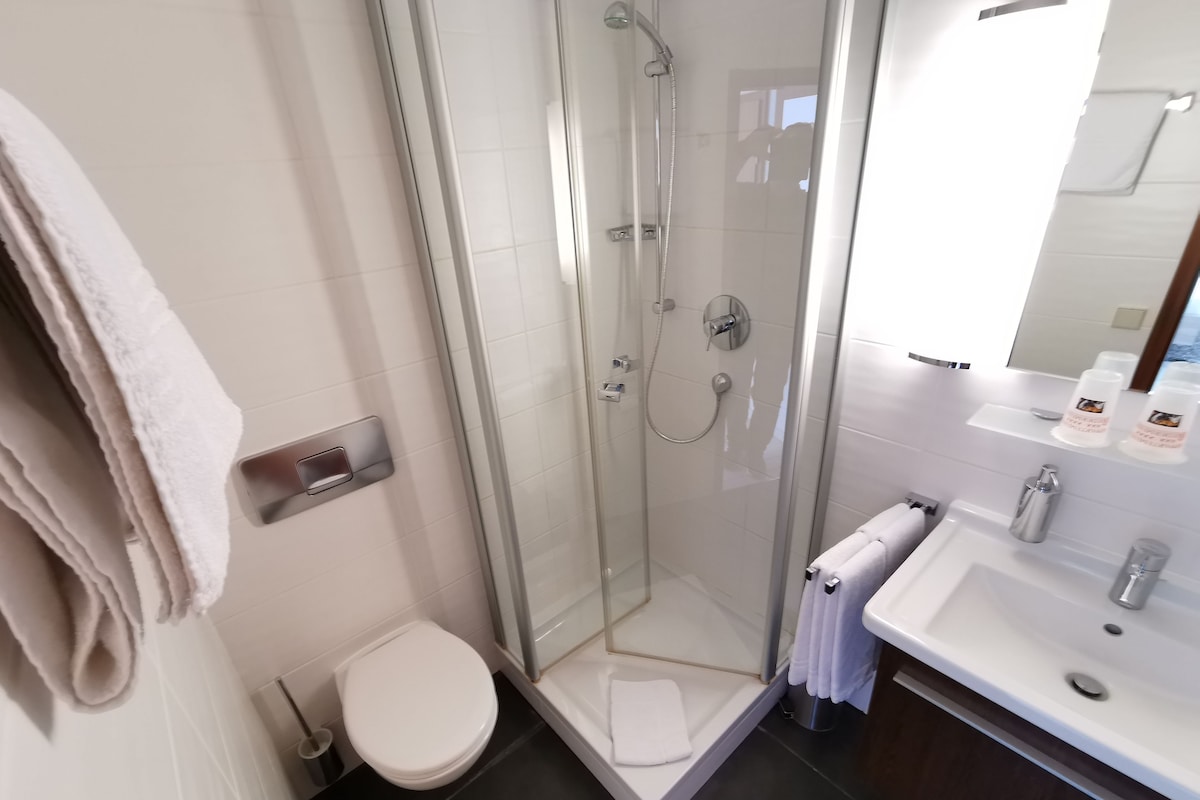 Un baño moderno con ducha envuelta en vidrio, inodoro blanco y lavamanos con espejo arriba.