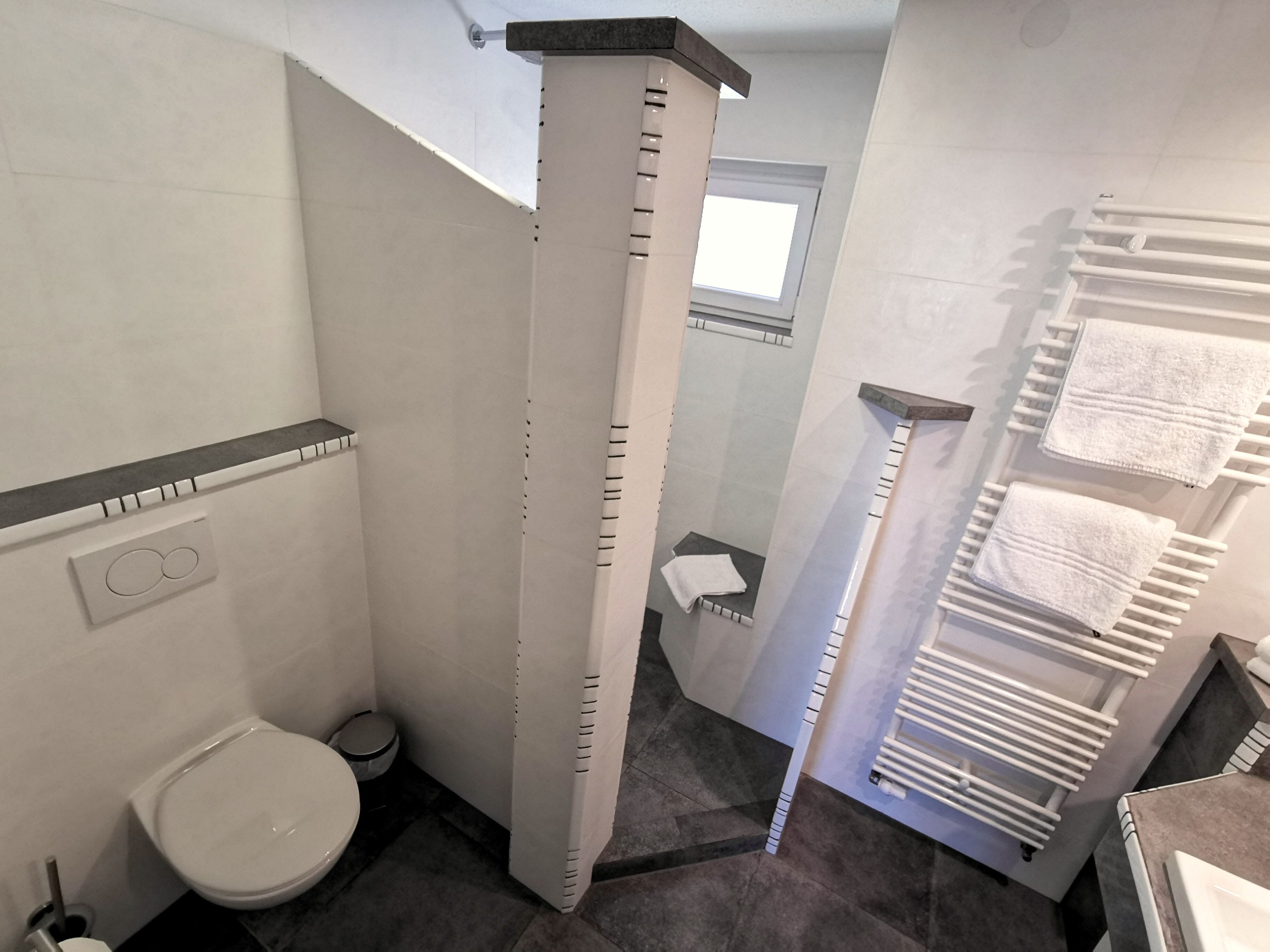 A bathroom with a toilet, a shower stall, and a towel rack.