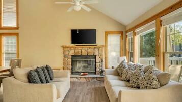 Smart TV, fireplace, books