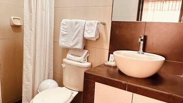 A bathroom with a toilet, sink, and shower curtain.