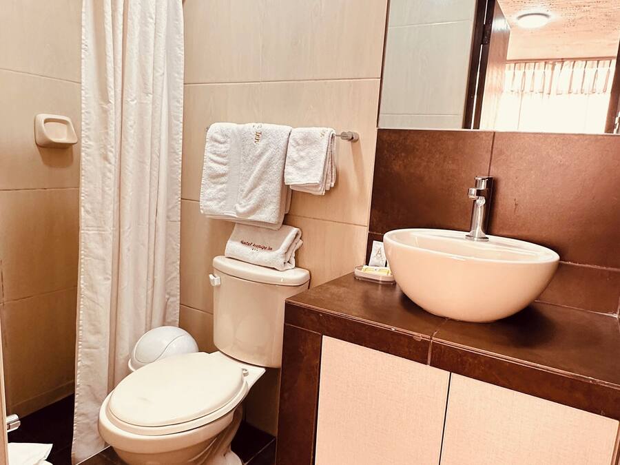A bathroom with a toilet, sink, and shower curtain.