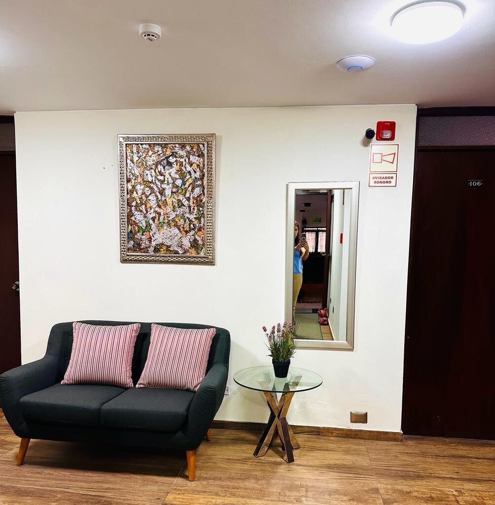 A reception area with a black sofa, a glass table with a plant, a framed artwork, a mirror, and a door with a sound alarm.