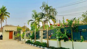 A paved courtyard with palm trees, a low wall, and a building with a red door.