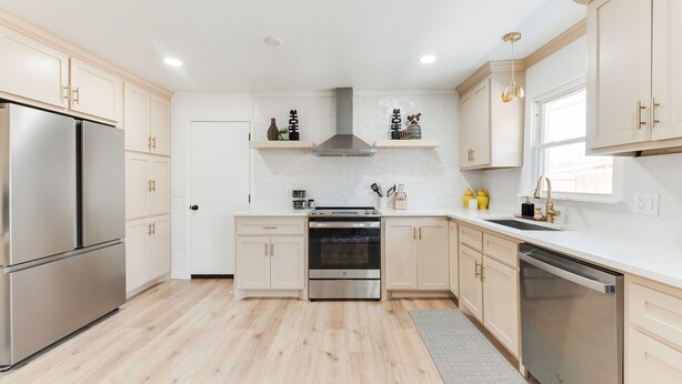 A modern kitchen with light wood cabinets, stainless steel appliances, and a central island. - Beautifully Remodeled-Newly Furnished-Cozy, Colorful & Eclectic Home in N OKC!  (Oklahoma City)