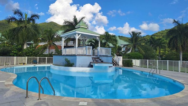 A swimming pool with a gazebo, surrounded by palm trees and a hilly landscape.