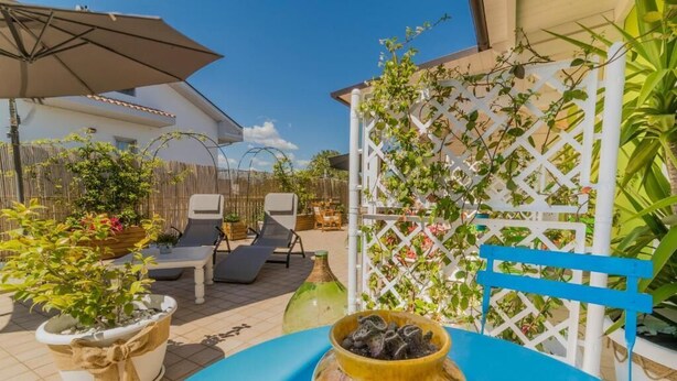 A patio with a blue table, a white lattice structure, and potted plants.