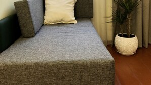 Ein graues Sofa mit einem weißen Kissen in einem Zimmer, das ein Fenster, eine Pflanze und einen Vorhang zeigt.