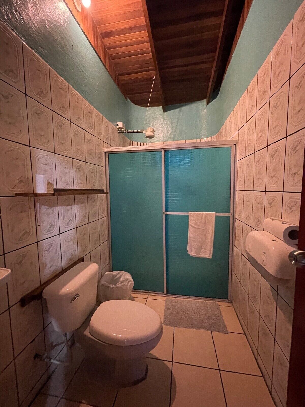 A small bathroom with a toilet, a sink, and a shower stall.