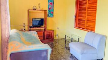 Una habitación pequeña y acogedora con cama, una silla, televisor y un cuadro en la pared.