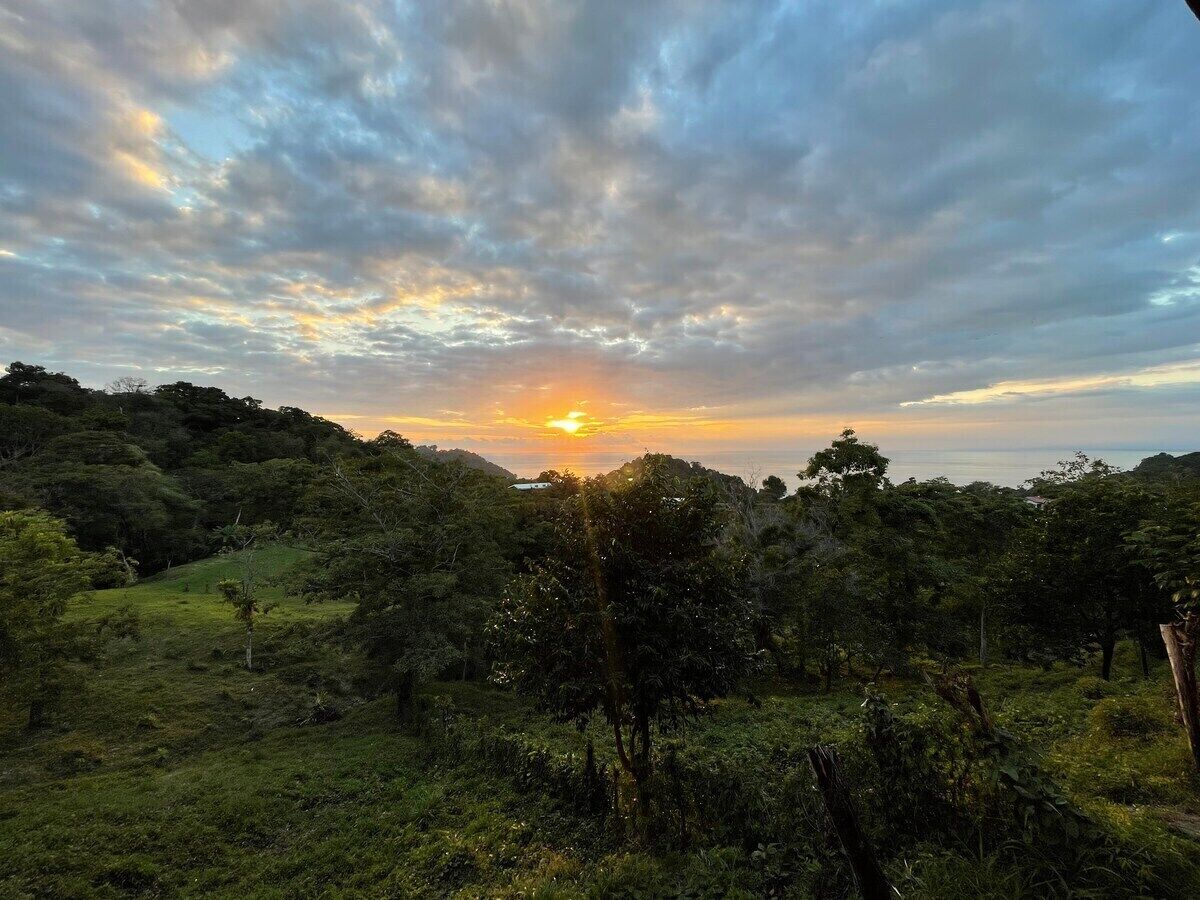 A natural landscape with a sunset, dense greenery, and a hilly terrain.