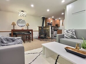 TV connectée, cheminée, livres