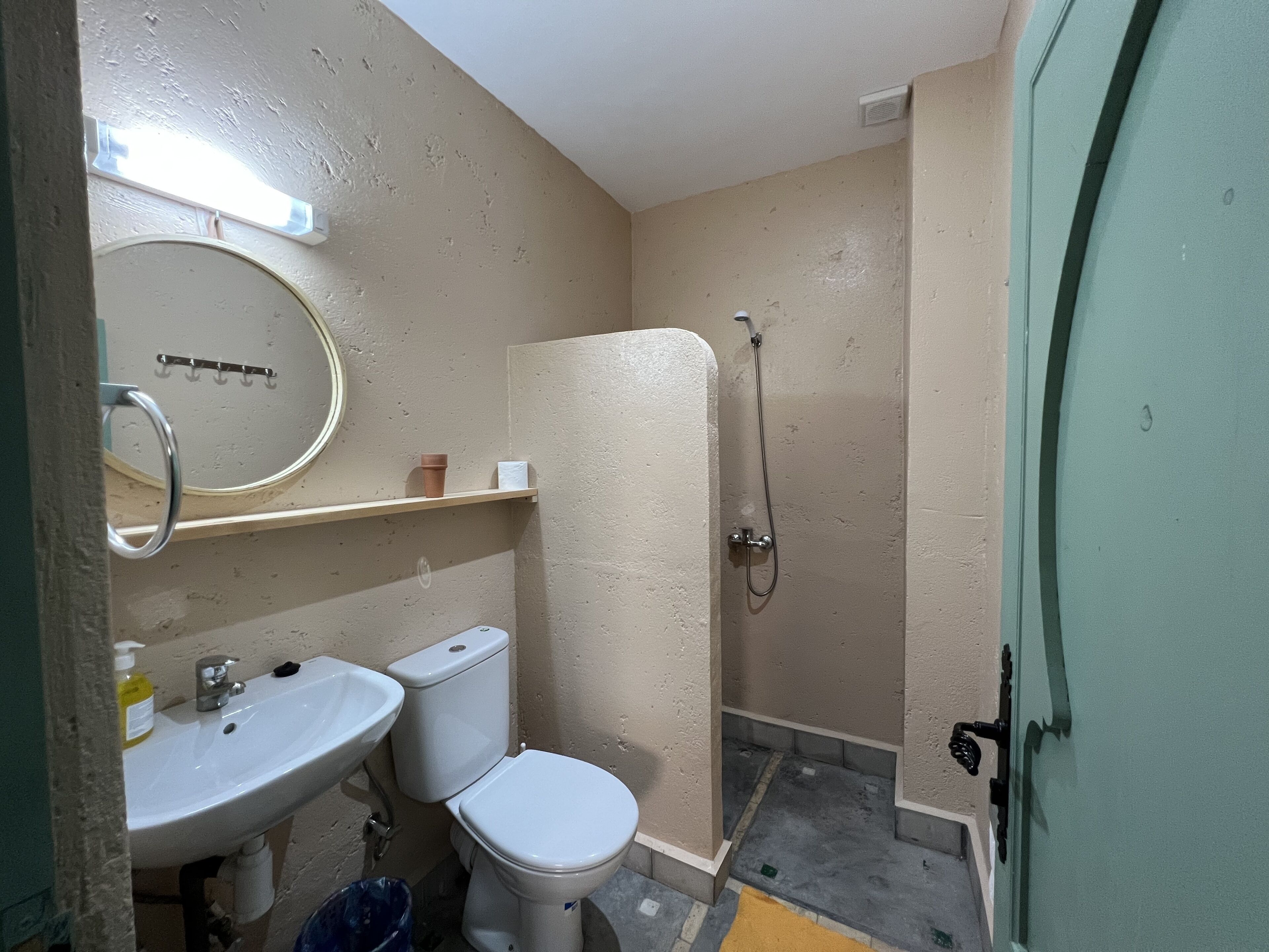 Un baño pequeño con inodoro, lavamanos y ducha.