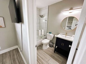 Shower, hair dryer, toilet paper