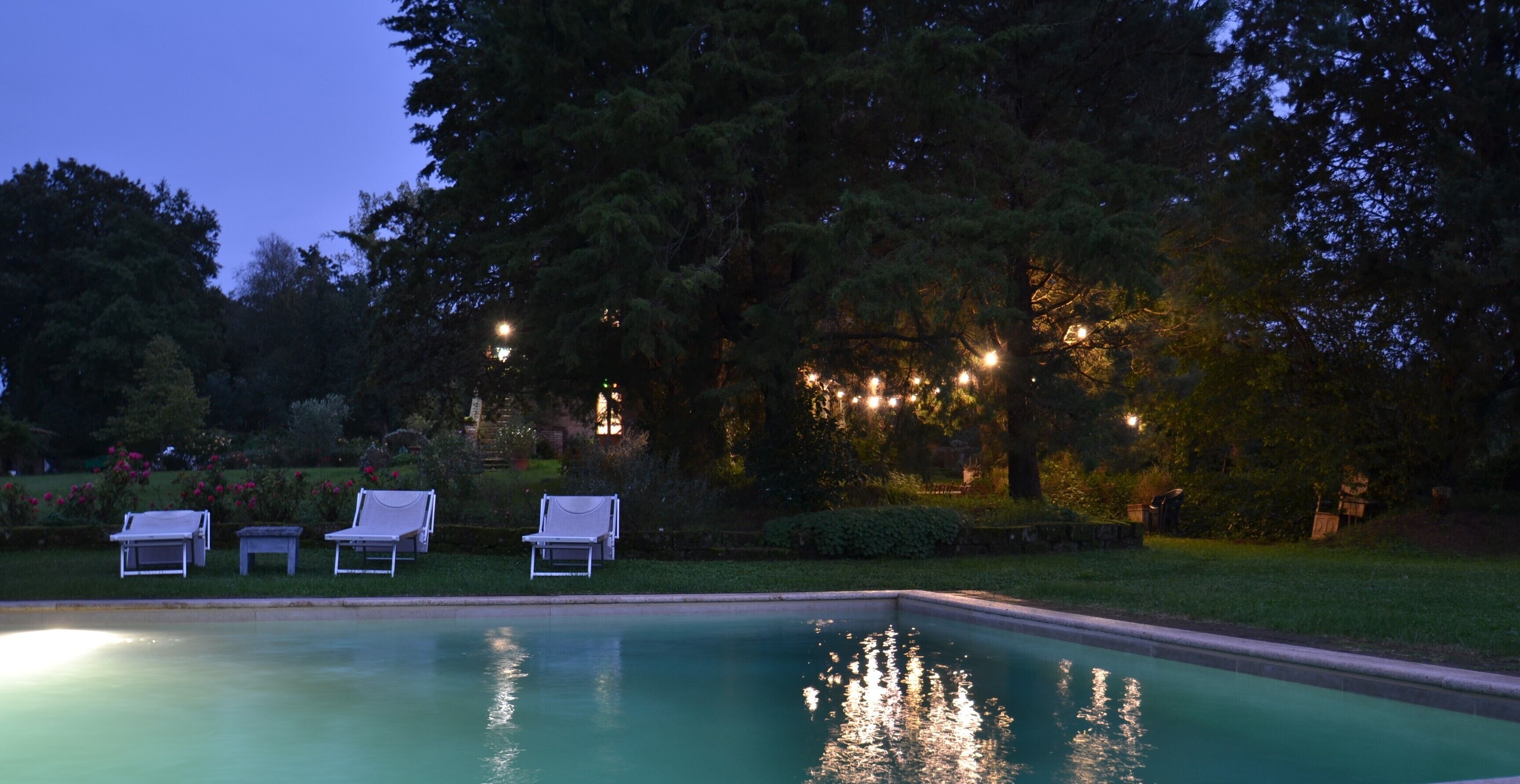 Una piscina con sillones de descanso y un jardín al atardecer.