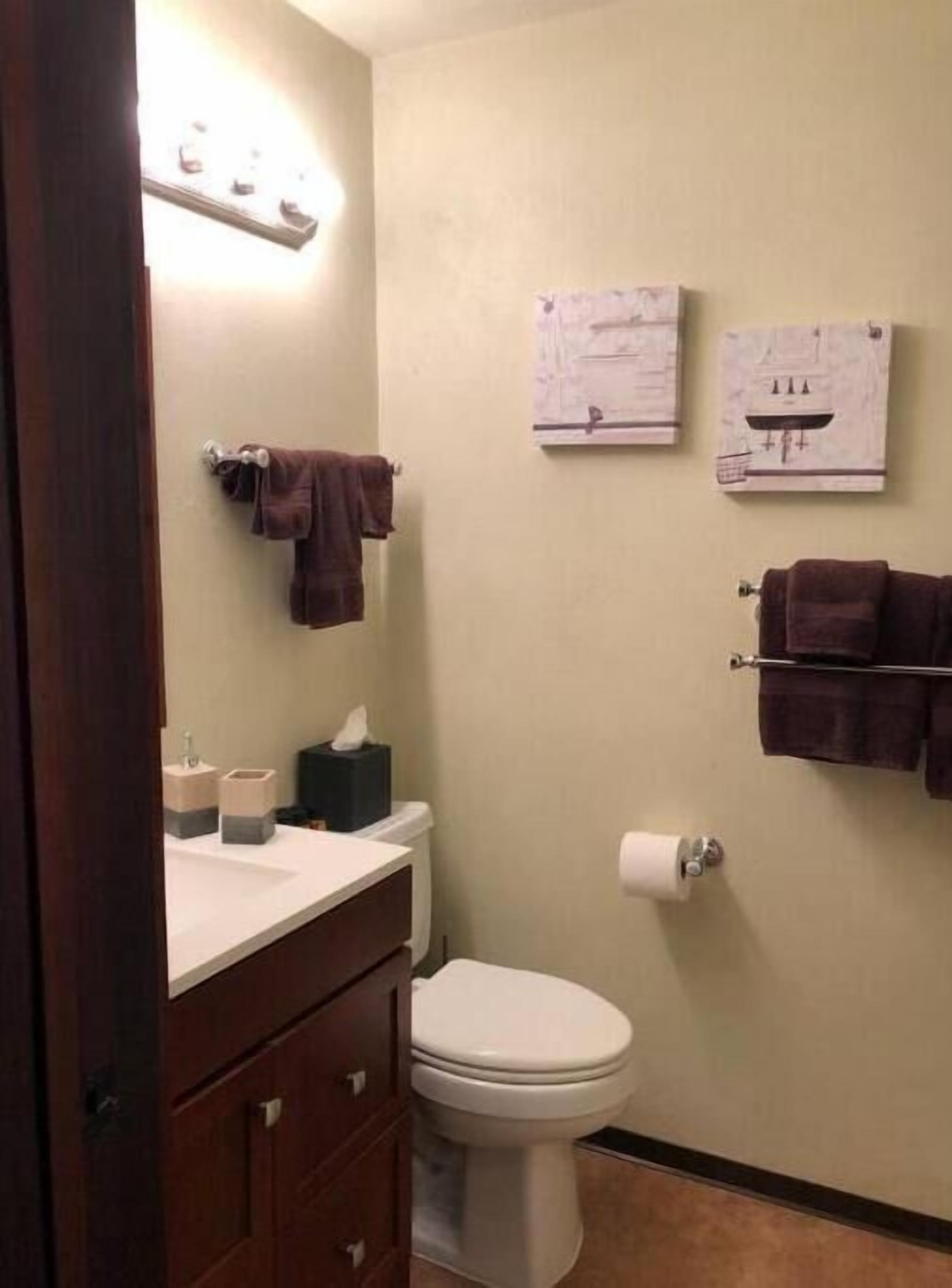 Hair dryer, towels, soap, shampoo