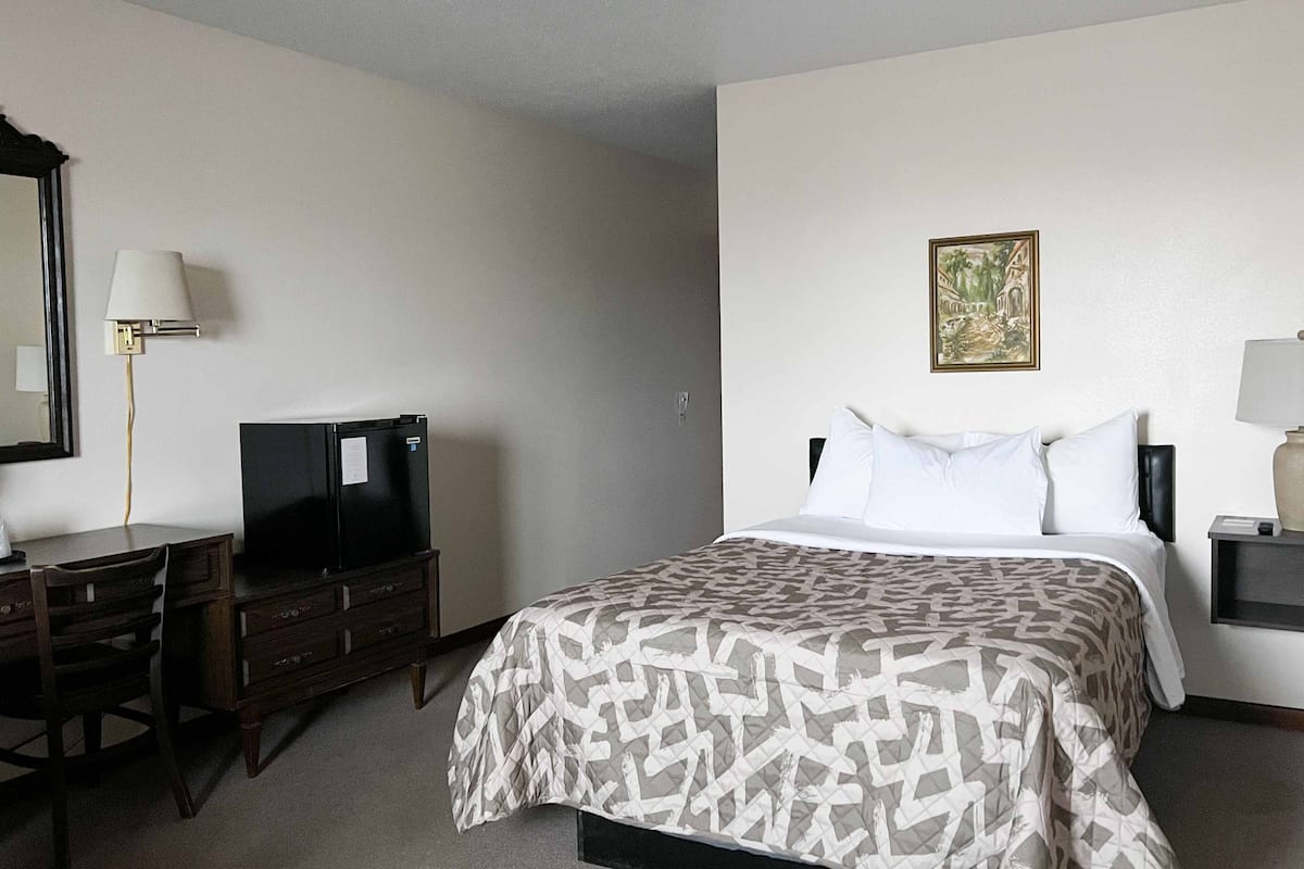 A hotel room with a bed, a desk with a TV, a dresser, and a painting on the wall.