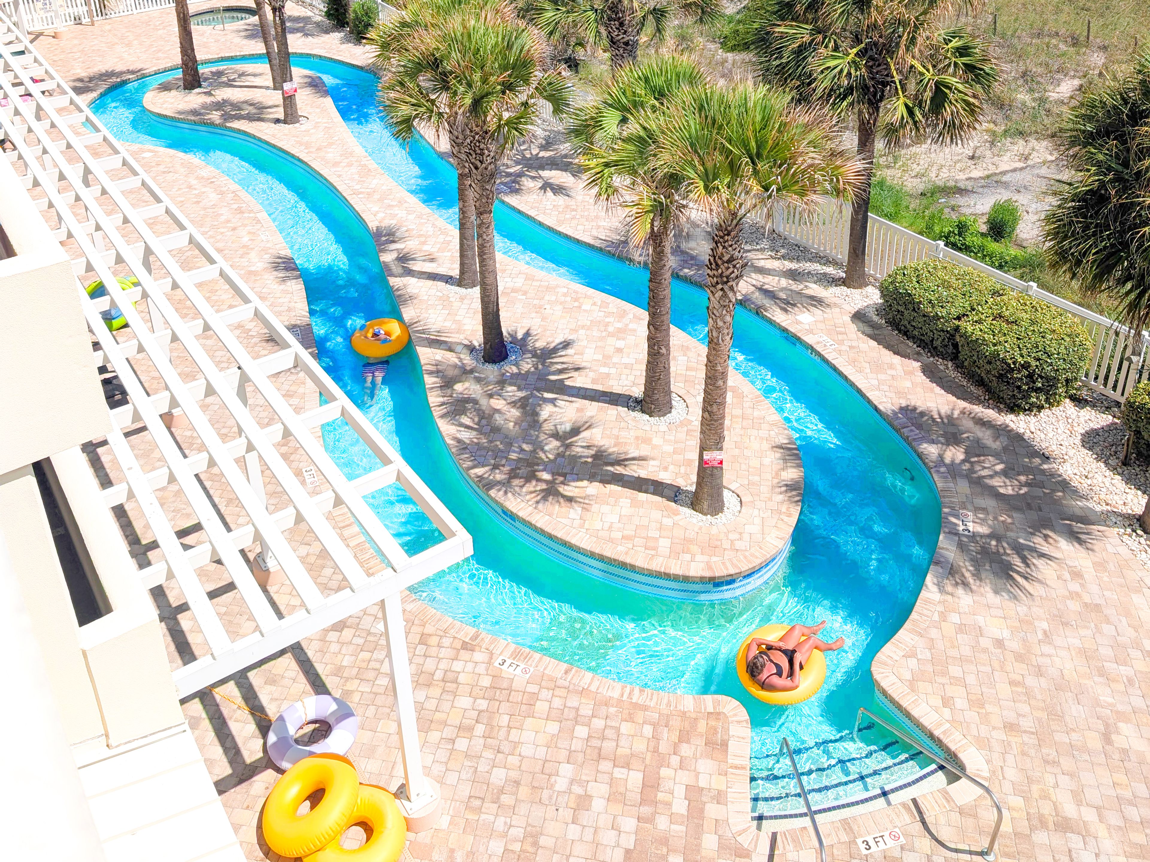 Une piscine au design incurvé, entourée de palmiers et d’une clôture blanche.