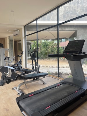 A gym with a treadmill, weight machines, and a large window offering a view of a landscaped area. - AROVA APARTMENTS TULUM - SUITE DELUXE  (Tulum)