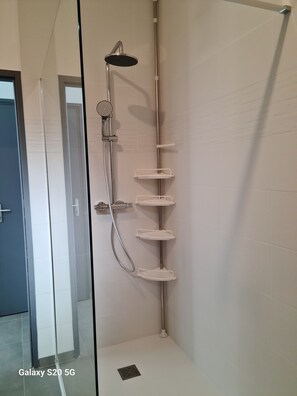 Shower, hair dryer, towels, toilet paper