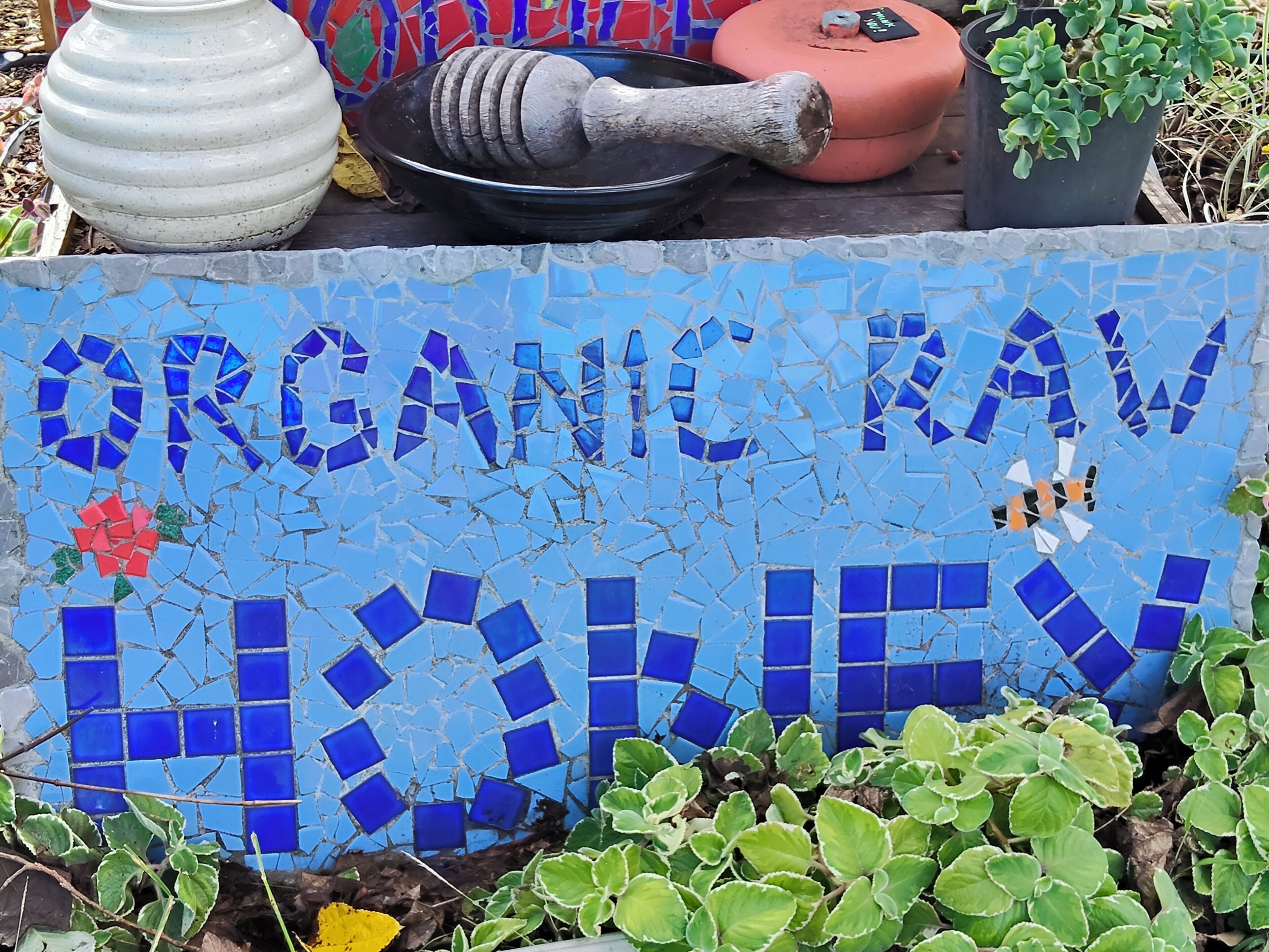 Een mozaïekbord met de tekst 'ORGANIC RAW LOLIEV', omringd door planten en tuingereedschap.