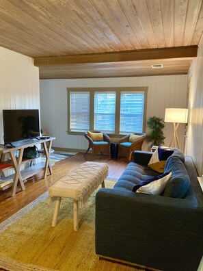 Smart TV, fireplace, books