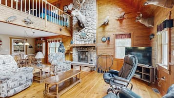 Télévision, cheminée, livres