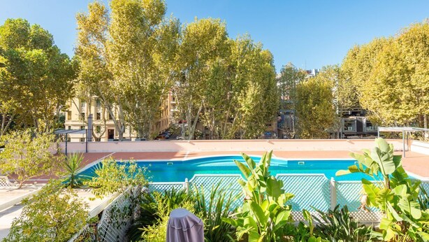 Una piscina rodeada de árboles y un edificio al fondo.