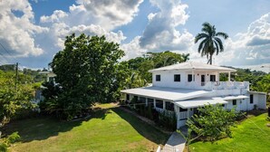 Una casa de dues plantes amb façana blanca, envoltada de verdura exuberant i una palmera.