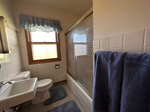 Hair dryer, towels, soap, toilet paper