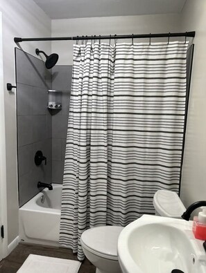 Hair dryer, towels, soap, shampoo