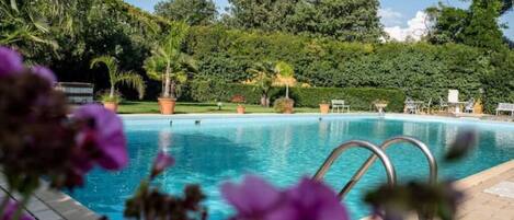 Una piscina con una escalera metálica, rodeada de plantas en macetas y árboles.