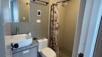 Shower, free toiletries, hair dryer, towels