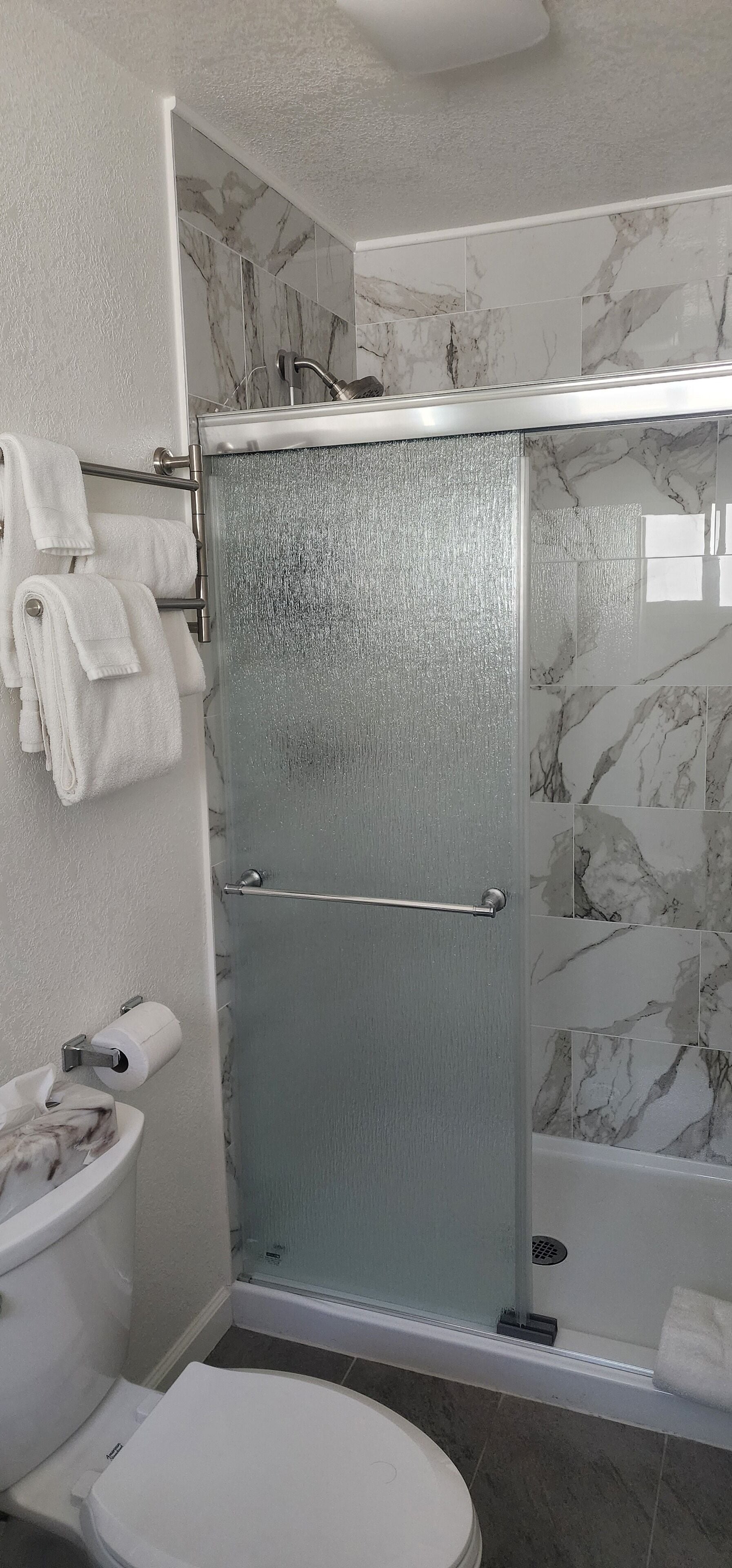 Baño con ducha de vidrio, inodoro y toallero con toallas.