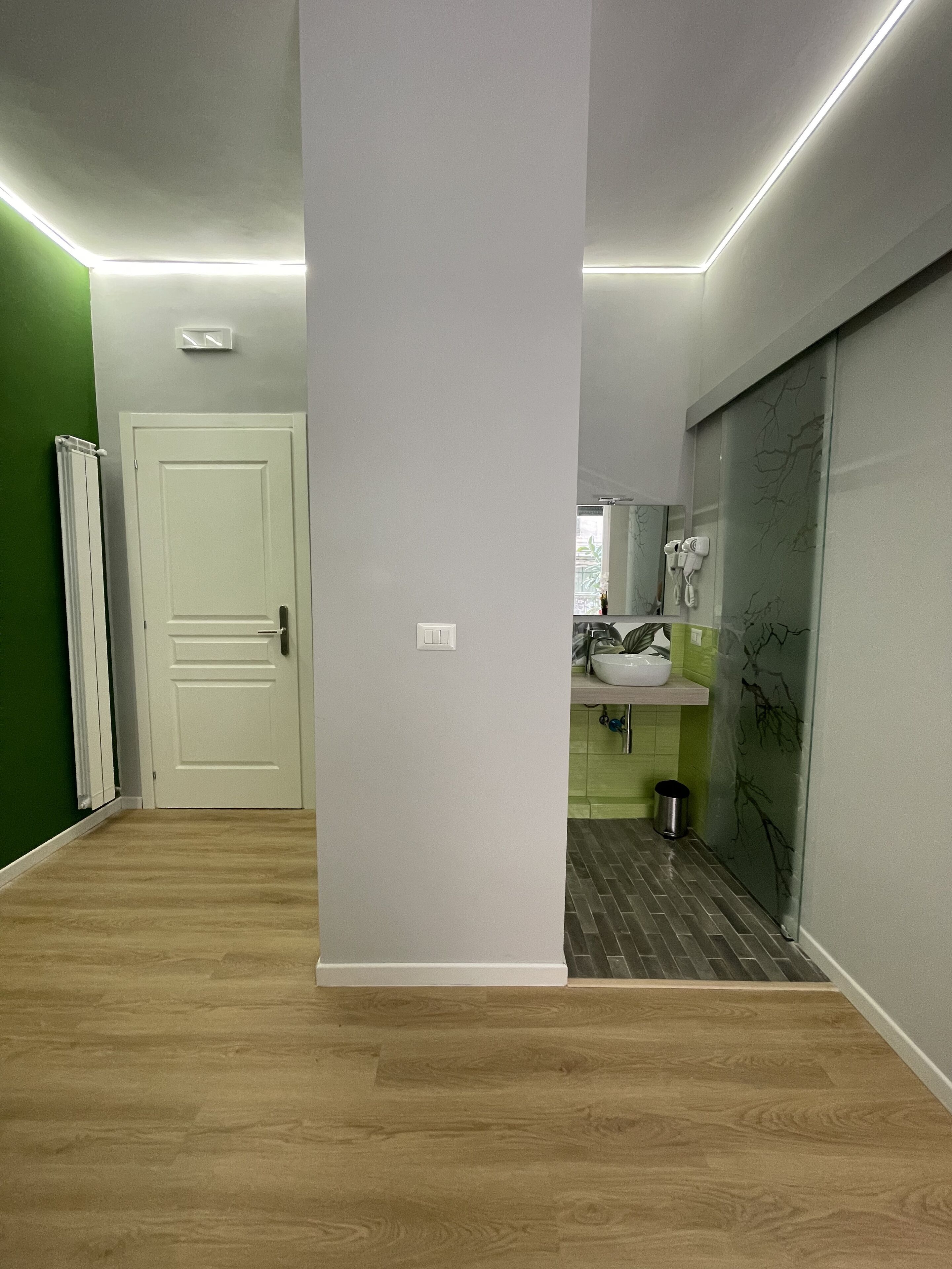 A hallway with a wooden floor, a white door, and a bathroom with a sink and mirror.