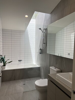 Shower, hair dryer, towels, soap
