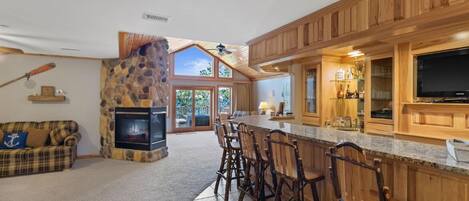 Smart TV, fireplace, video games, stereo