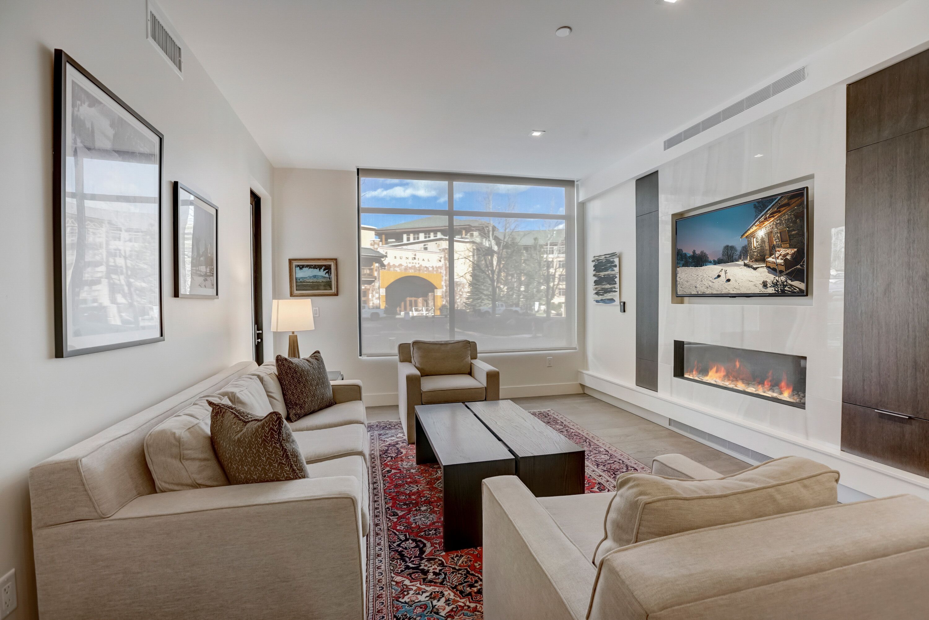 Smart TV, fireplace, video games, DVD player
