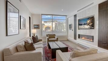 Smart TV, fireplace, video games, DVD player