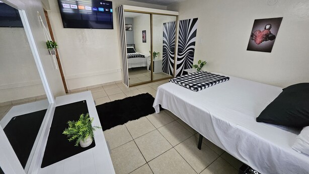 Habitación de hotel con cama, televisor montado en la pared, espejo y una pequeña planta en maceta.