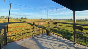 Un espacio al aire libre techado con vista a un campo de arroz, un banco de madera y luces colgantes.