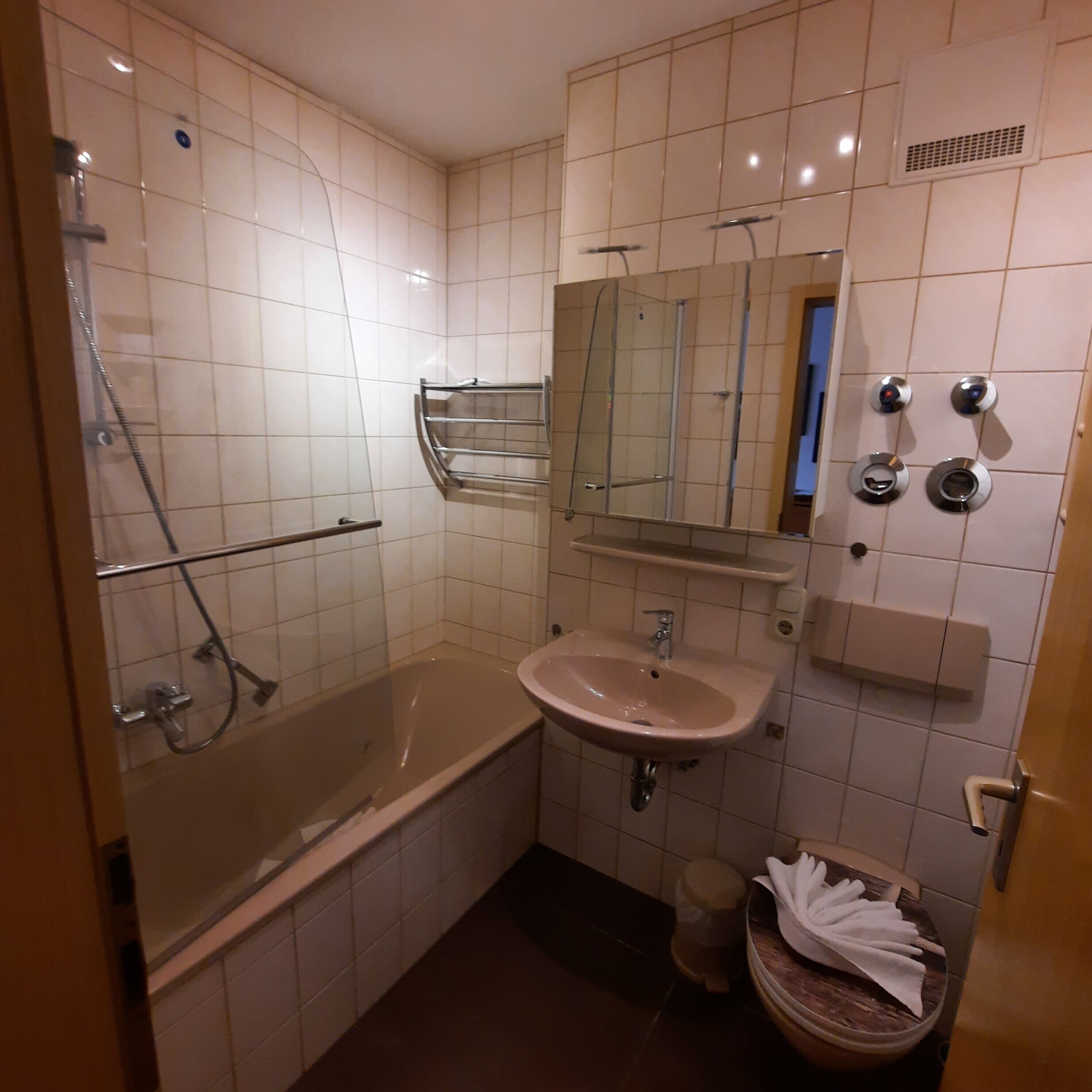 Shower, free toiletries, hair dryer, towels