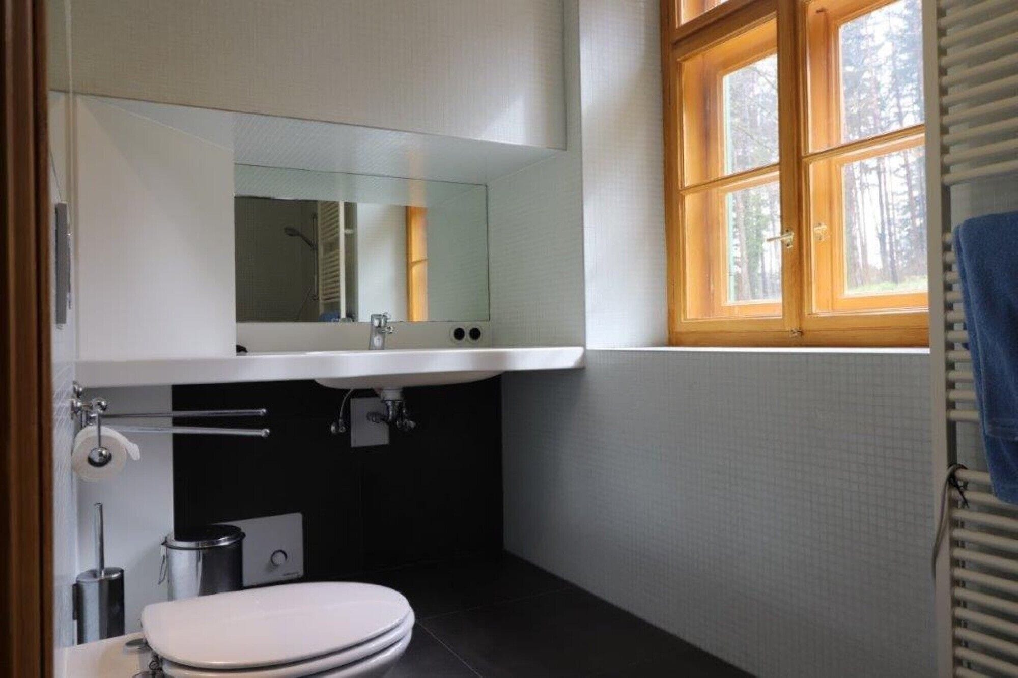 A bathroom with a toilet, sink, mirror, and window.